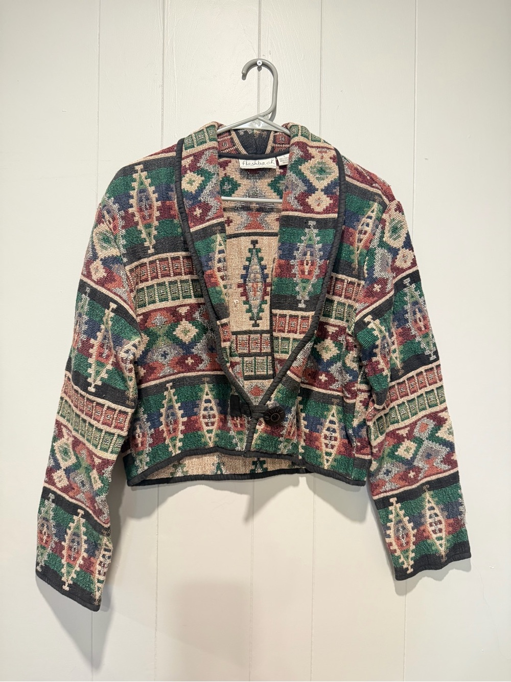 Vintage-Inspired Green Patterned Cropped Jacket - Unbranded